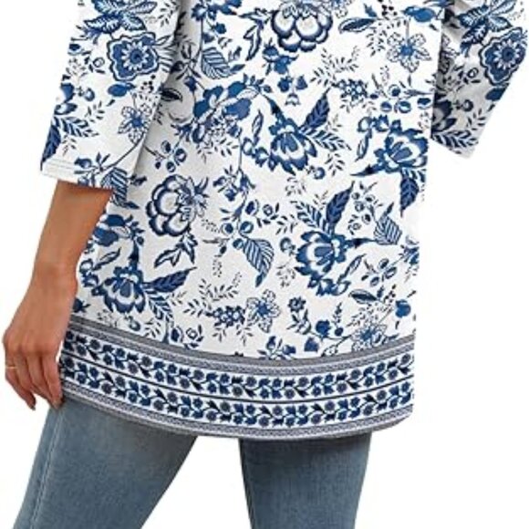 NEW Blue Vintage Print 3/4 Sleeve Stretchy Casual Tunic Top Comfortable Style - Picture 5 of 6